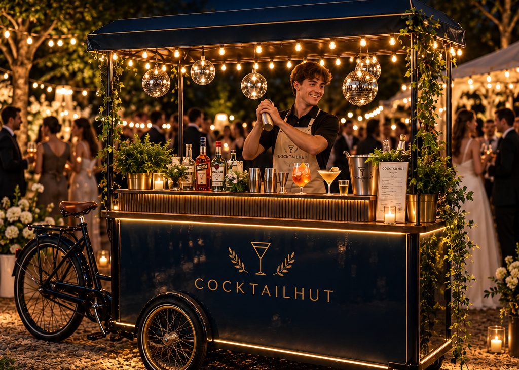De Cocktailhut-bakfiets met lichtjes en een bartender die een cocktail shaket op een bruiloft